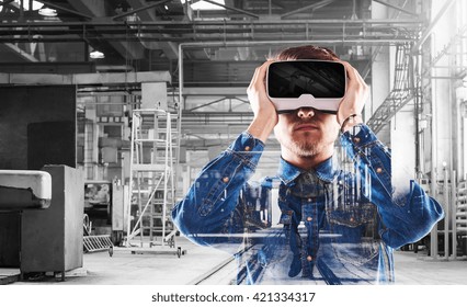Man wearing virtual reality goggles. We