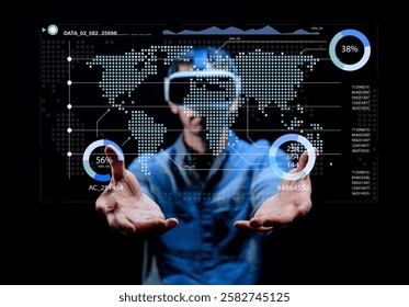 A man wearing a virtual reality headset interacts with a digital world map and data displays, illustrating the blend of technology and immersive user experiences.
