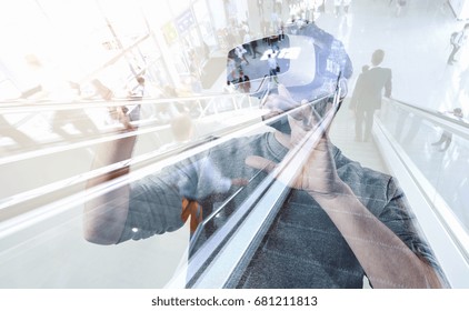 Man Wearing Virtual Reality Headset On A Games Trade Fair