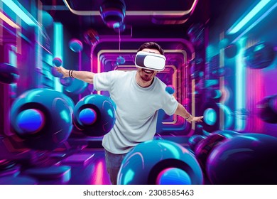 A man wearing a VR glasses is immersed in a futuristic digital environment, surrounded by virtual cosmic balls, creating an otherworldly experience. - Powered by Shutterstock