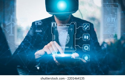 Man Wearing VR Glasses  Touchgraph Scan The Protection System Cyber Security, Login, User, Cybersecurity Privacy Protect Data. 2FA Internet Network Security Technology,Cyber Security Privacy.