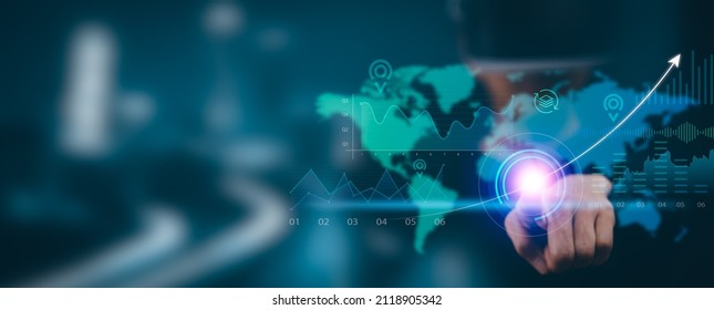 Man wearing VR glasses virtual hold smartphone Investment finance chart stock market business and financial growth graph. Business strategy development and growing growth plan,growth graph of business - Powered by Shutterstock