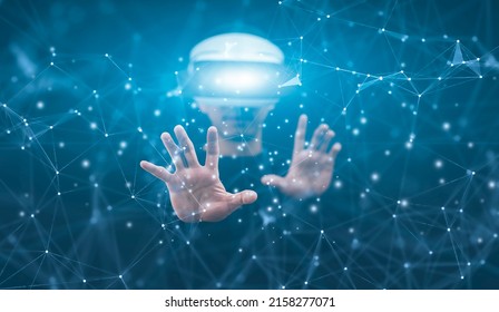 Man Wearing VR Glasses Virtual Touch Graph Screen Icon Of A Media Screen, Technology Process System Business With Communication And Marketing Concept, Team Success, HR Human, Business Money Success.