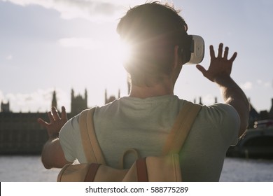 Man Wearing Vr Headset Augmented Virtual 3d Reality Environment Travel Experience Concept