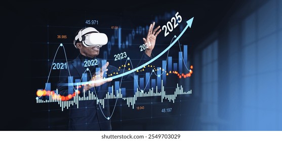 A man wearing a VR headset interacts with a futuristic financial chart showing a forecast up to 2025. Dark background, concept of market trends
