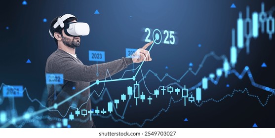 A man wearing a VR headset points to the year 2025. Candlestick market charts and data are shown on a futuristic dark background. Concept of financial forecasting and future predictions of the market