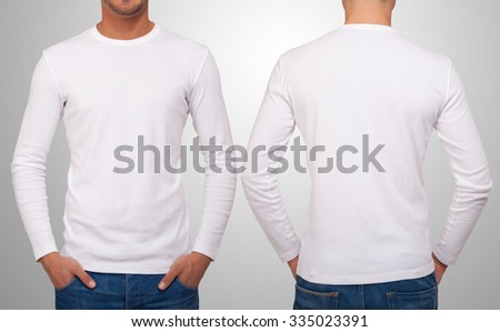 Man wearing a white t-shirt with long sleeves. Front and back version in the same image