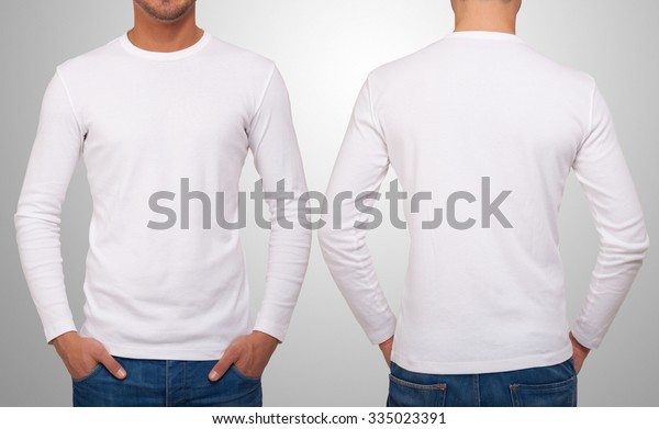 Man wearing a white t-shirt with long\
sleeves. Front and back version in the same\
image