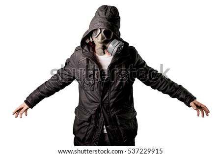 Man wears a gas mask isolated in white background