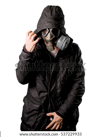 Man wears a gas mask isolated in white background