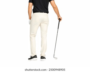 A man wears white pants, a black polo shirt, and black shoes while holding a golf club in a professional golfer shirt ad, as seen from the back. - Powered by Shutterstock