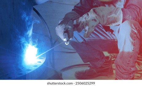 A man is welding a piece of metal. The image has a blue and red tint, giving it a dramatic and intense feel. The man is wearing protective gear - Powered by Shutterstock