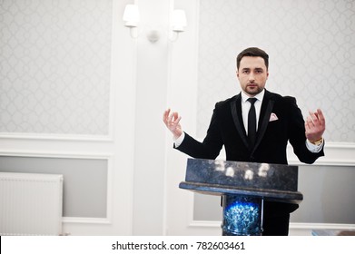 Man Well Dressed Politician Speaking Behind The Podium, Public Speaker Character.