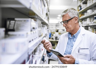 Man, wellness and medicine with pharmacy check, reading label for healthcare service or career. Male pharmacist, workplace and package inspection for inventory, prescription stock in drug store - Powered by Shutterstock