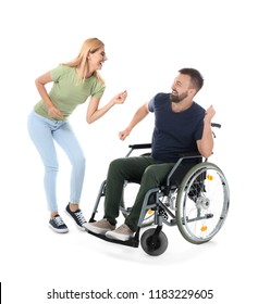 Man In Wheelchair With Beautiful Woman Dancing On White Background