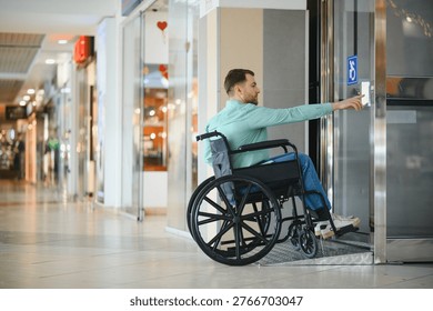 Man in a wheelchair pressing the elevator button in a shopping mall, navigating the space with ease and promoting accessibility for all
