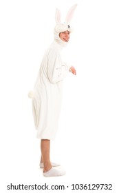 Man In A White Full Body Rabbit Costume In A Playful Mood.