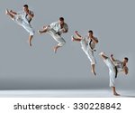 Man in white kimono and black belt training karate over gray background Collage