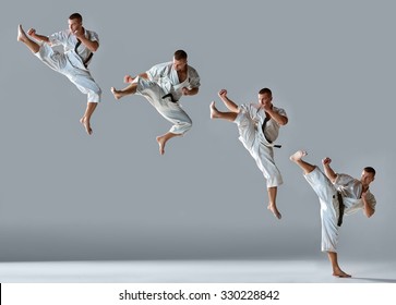 Man in white kimono and black belt training karate over gray background Collage