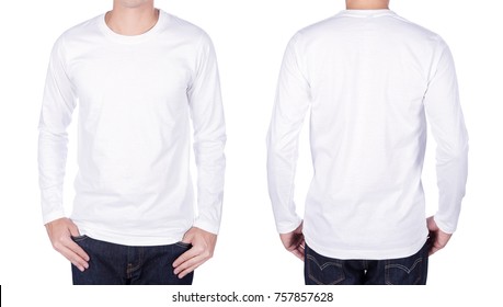 man in white long sleeve t-shirt isolated on a white background - Shutterstock ID 757857628