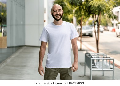 Man in white tee, basic wear apparel fashion, young people wearing white plain T shirt, white bald man with beard wearing basic t shirt, outdoor lifestyle photography with casual outfits