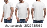 Man in white t-shirt on white background, closeup. Collage of photos