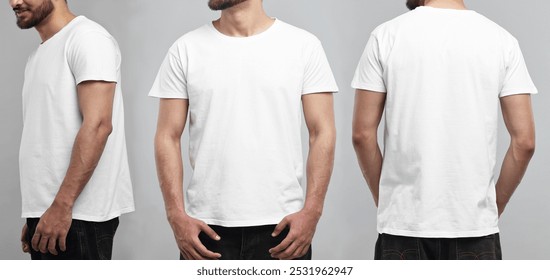 Man in white t-shirt on grey background, closeup. Collage of photos