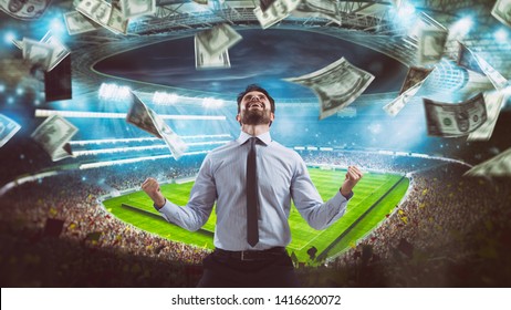 Man who rejoices at the stadium for winning a rich soccer bet - Shutterstock ID 1416620072