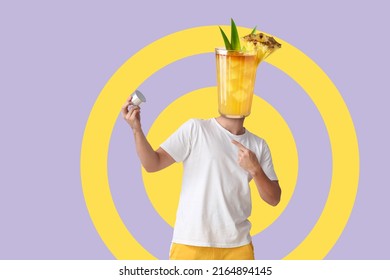 Man With Wireless Portable Speaker And Tasty Mai Tai Cocktail Instead Of His Head On Lilac Background