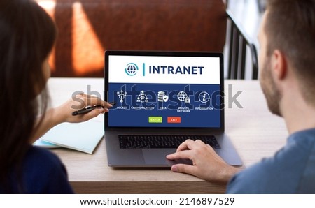 Man and woman access to intranet interface on computer laptop. Private network of organization concept