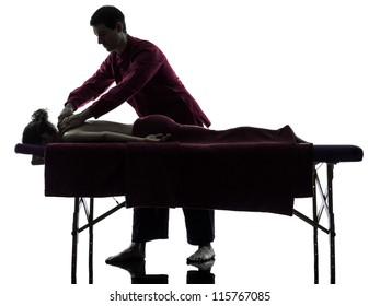 Man Woman Back Massage In Silhouette Studio On White Background