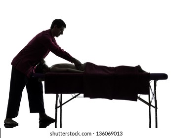 Man Woman Back Massage In Silhouette Studio On White Background