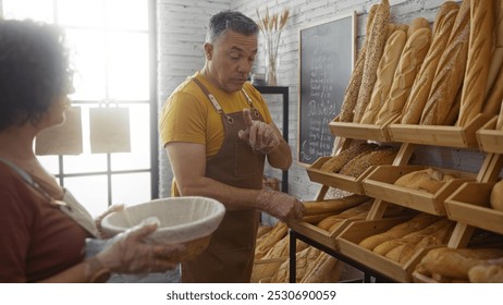 Man and woman bakers arranging bread together in a bakery shop interior - Powered by Shutterstock