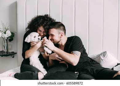 Man And Woman In Black Play With Little White Dog On Bed