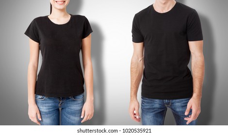 Man And Woman In Blank Black Tshirt Front And Rear On Gray Background.