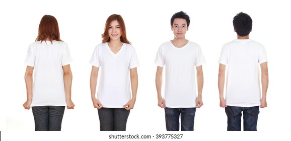 Man And Woman With Blank Black T-shirt Isolated On White Background