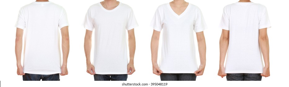 Man And Woman With Blank Black T-shirt Isolated On White Background