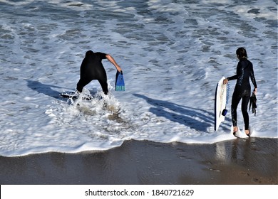 Man Woman Bodysurfing Ocean Blue Water Beach