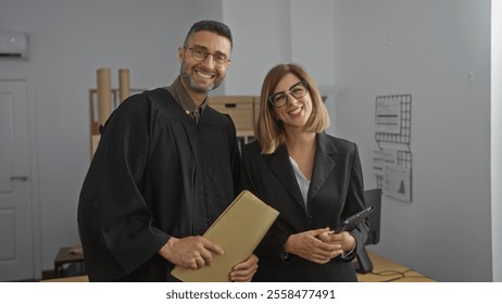 Man and woman in business attire smiling in a lawyer's office setting, holding documents, indicating a professional legal environment. - Powered by Shutterstock