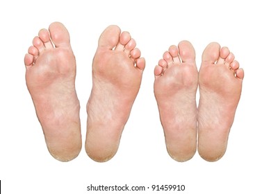 The Man And Woman. Caucasian Feet. Isolated Over White Background