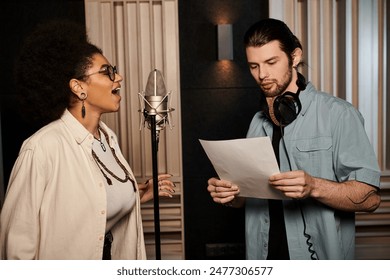 A man and a woman collaborate in a recording studio, creating music for their band rehearsal. - Powered by Shutterstock