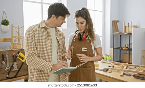 Man and woman collaborating in a bright carpentry studio, discussing over a notebook surrounded by woodworking tools. - Powered by Shutterstock