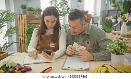 A man and woman count czech currency in a florist shop surrounded by plants and flowers. - Powered by Shutterstock