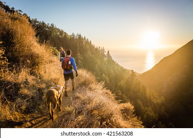 Man, Woman, And Dog Hike In Big Sur, CA As The Sun Sets Over The Ocean.