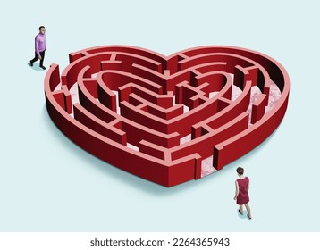 A man and a woman enter a labyrinth in the form of a heart. Art collage. - Shutterstock ID 2264365943