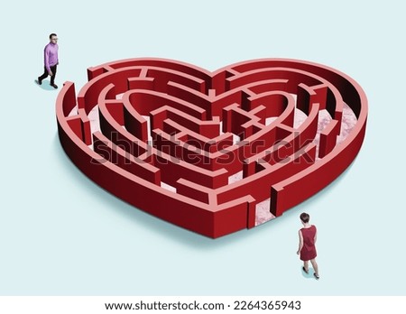 A man and a woman enter a labyrinth in the form of a heart. Art collage.