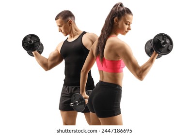 Man and woman exercising weight training with a dumbbell isolated on white background, sport and fitness concept - Powered by Shutterstock