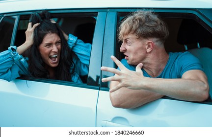 Man And Woman Funny Couple Arguing In Car Having Relationship Problem. Anrgy Couple. People. Family Problem. 