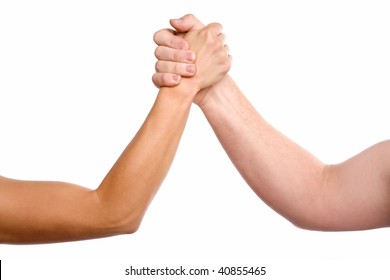 A Man And Woman With Hands Clasped Arm Wrestling.