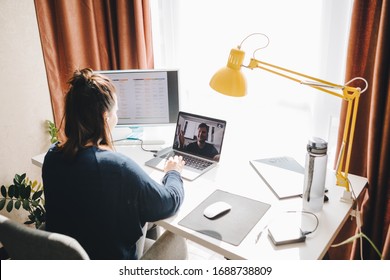 man and woman have conversation online. home office. telework. - Powered by Shutterstock